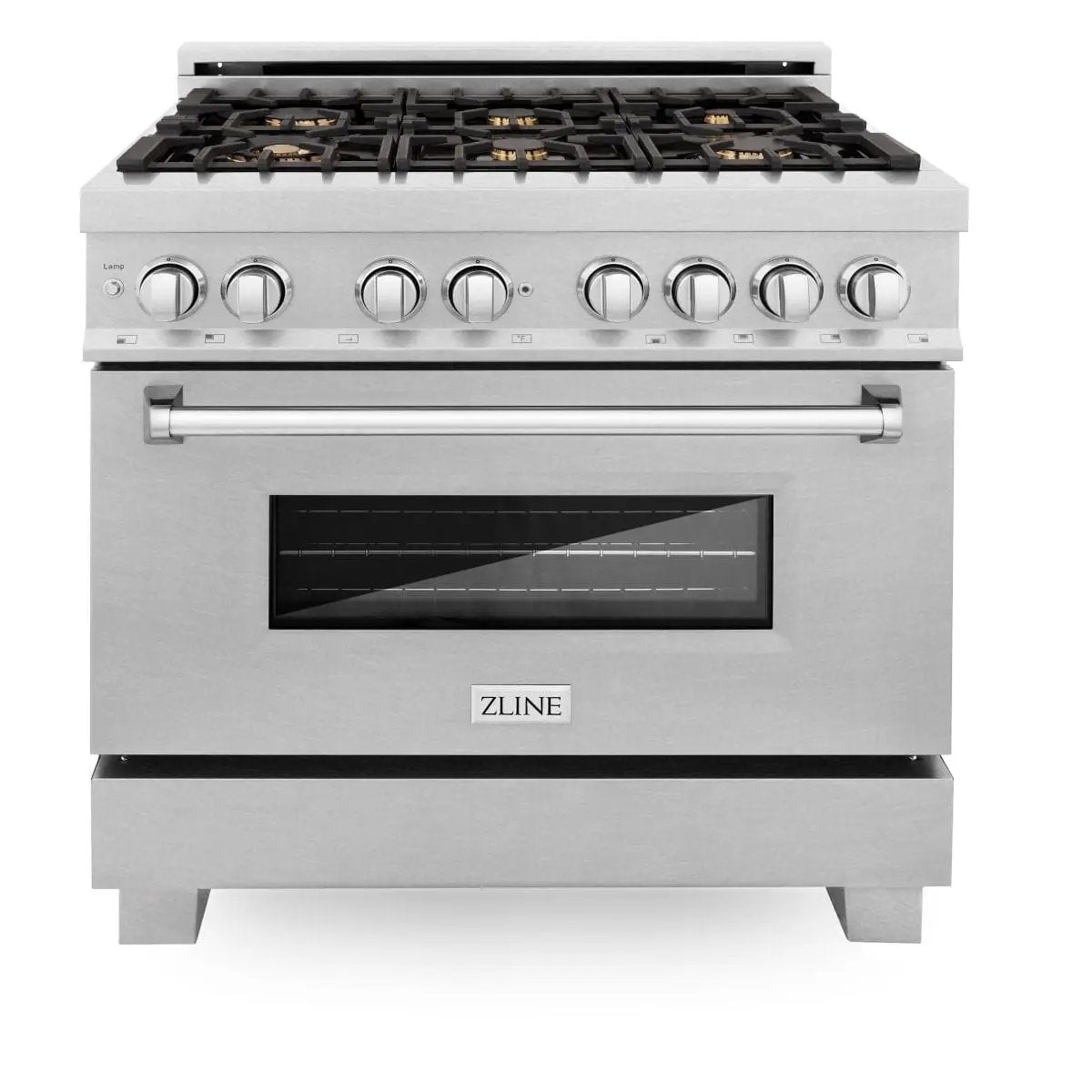 ZLINE 36" Dual Fuel Range, DuraSnow, Stainless, Brass Burners, RAS-SN-BR-36 by Farmhouse Kitchen and Bath