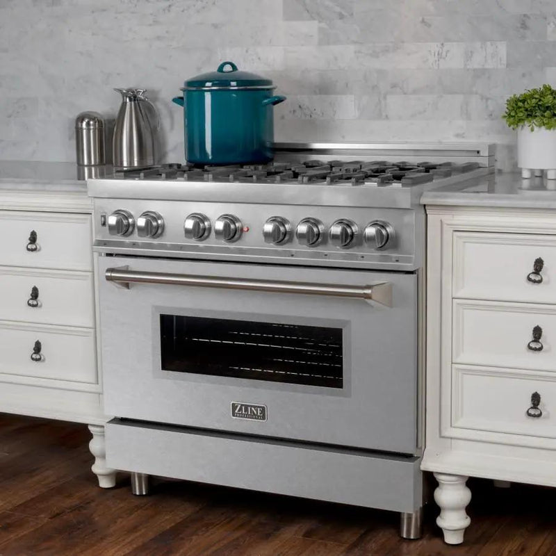 ZLINE 36" Dual Fuel Range, Snow Stainless, Snow Stainless Door, RAS-SN-36 by Farmhouse Kitchen and Bath