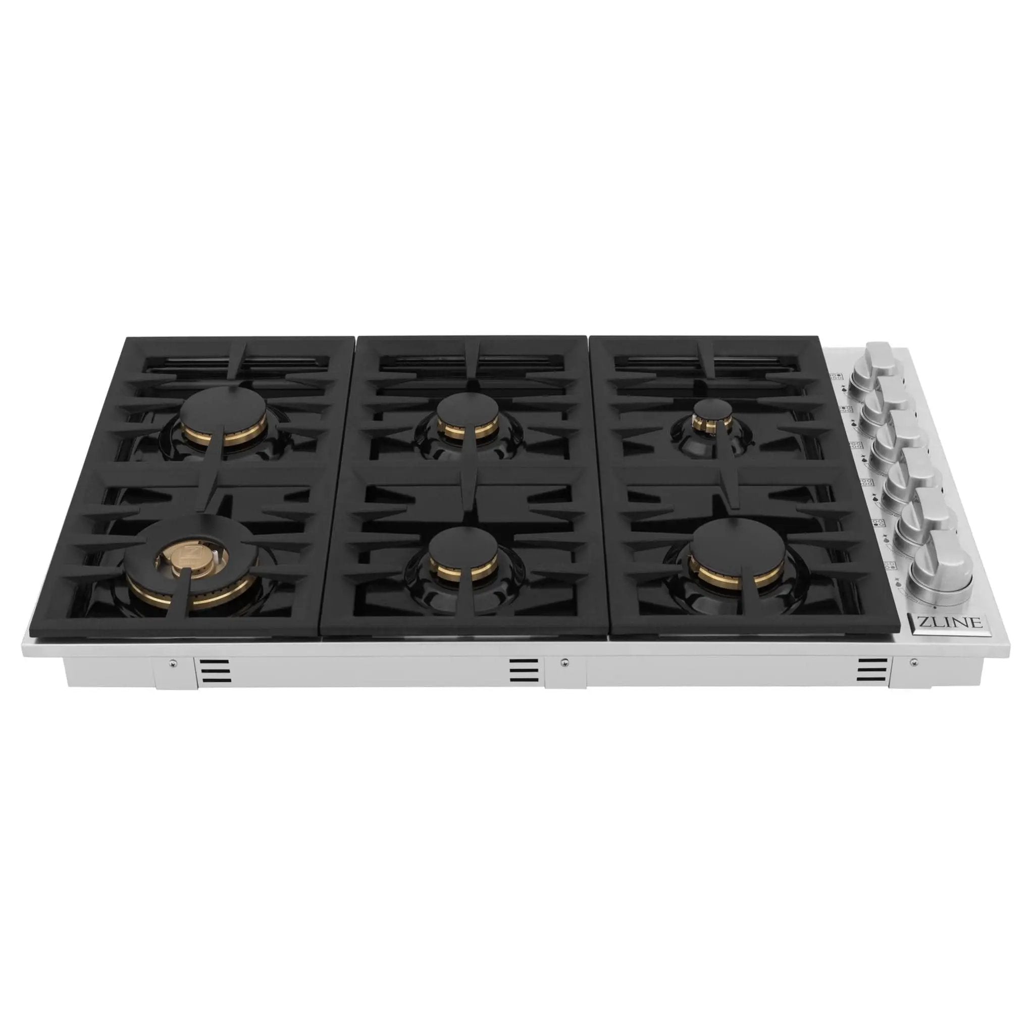 ZLINE 36" Gas Cooktop with 6 Gas Brass Burners and Black Porcelain Top RC-BR-36-PBT by Farmhouse Kitchen and Bath