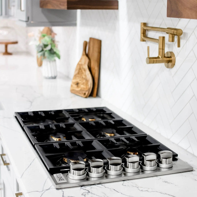 ZLINE 36" Gas Cooktop with 6 Gas Brass Burners and Black Porcelain Top RC-BR-36-PBT by Farmhouse Kitchen and Bath