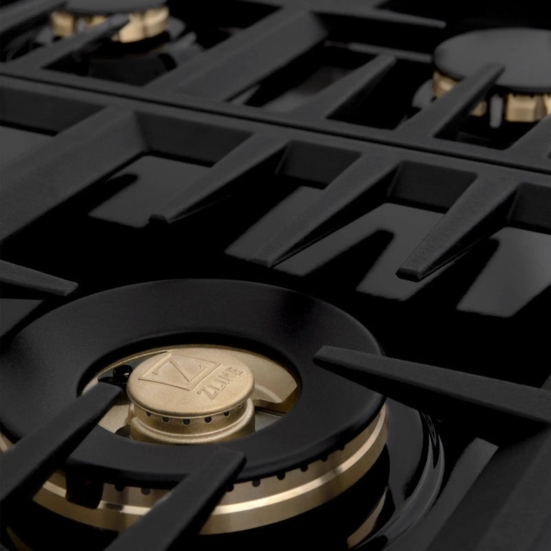 ZLINE 36" Gas Cooktop with 6 Gas Brass Burners and Black Porcelain Top RC-BR-36-PBT by Farmhouse Kitchen and Bath