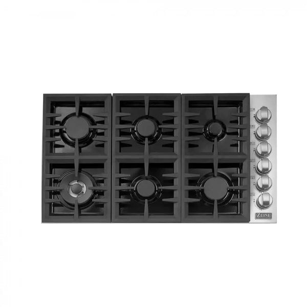ZLINE 36" Gas Cooktop with 6 Gas Burners and Black Porcelain Top RC36-PBT, photo 2 of 7