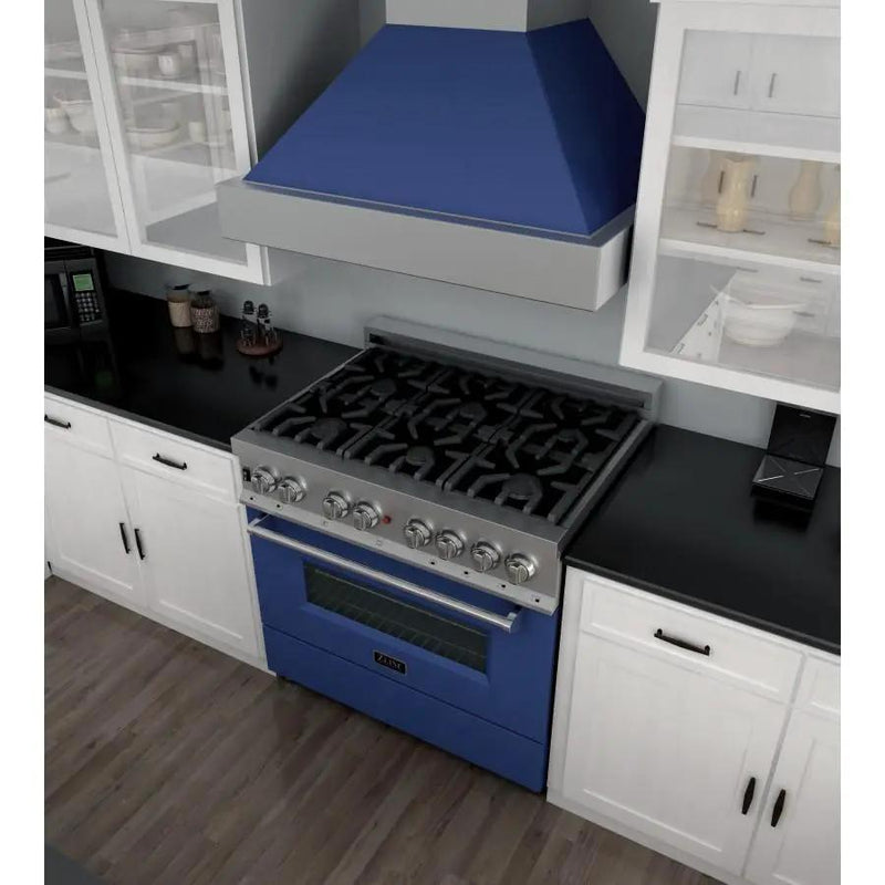 ZLINE 36" Professional Dual Fuel Range in Snow Stainless, Blue Gloss Door, RAS-BG-36 by Farmhouse Kitchen and Bath