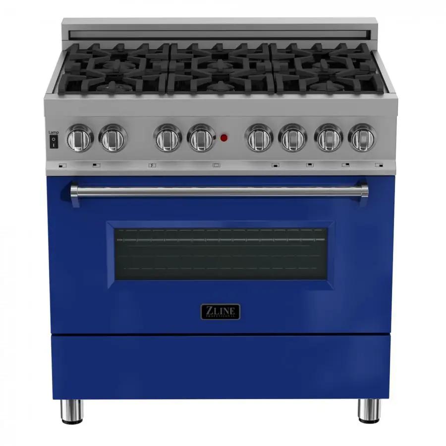 ZLINE 36" Professional Dual Fuel Range in Snow Stainless, Blue Gloss Door, RAS-BG-36 by Farmhouse Kitchen and Bath