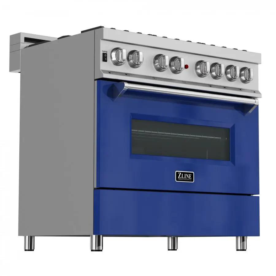 ZLINE 36" Professional Dual Fuel Range in Snow Stainless, Blue Gloss Door, RAS-BG-36 by Farmhouse Kitchen and Bath