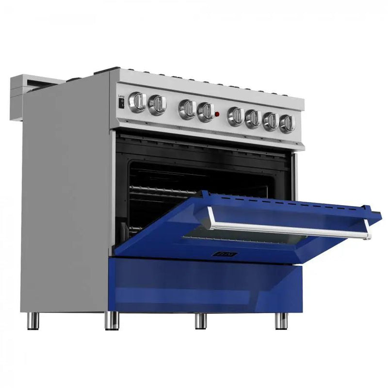 ZLINE 36" Professional Dual Fuel Range in Snow Stainless, Blue Gloss Door, RAS-BG-36 by Farmhouse Kitchen and Bath