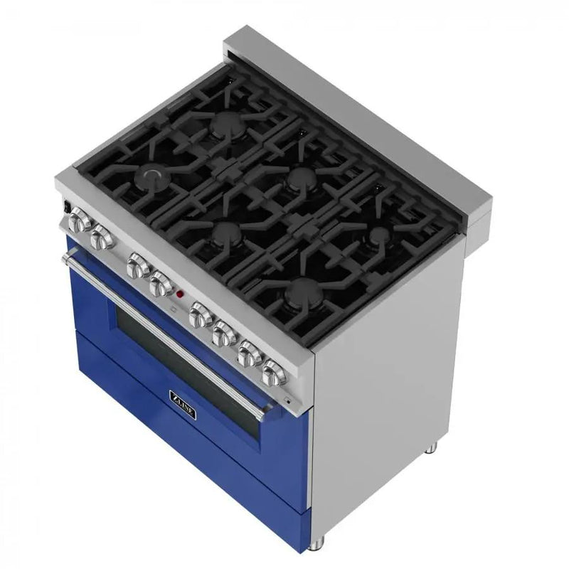 ZLINE 36" Professional Dual Fuel Range in Snow Stainless, Blue Gloss Door, RAS-BG-36 by Farmhouse Kitchen and Bath