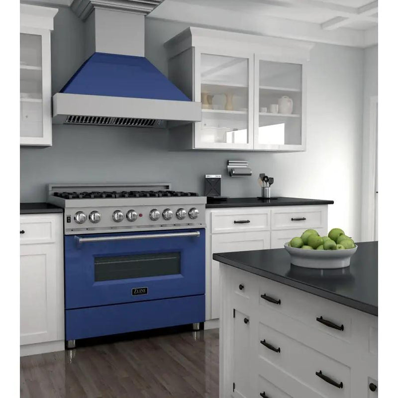 ZLINE 36" Professional Dual Fuel Range in Snow Stainless, Blue Gloss Door, RAS-BG-36 by Farmhouse Kitchen and Bath