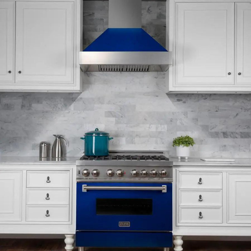ZLINE 36" Professional Dual Fuel Range in Snow Stainless, Blue Gloss Door, RAS-BG-36 by Farmhouse Kitchen and Bath