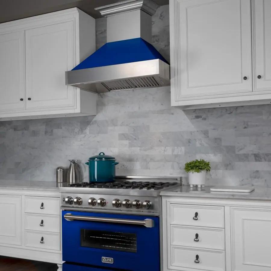 ZLINE 36" Professional Dual Fuel Range in Snow Stainless, Blue Gloss Door, RAS-BG-36 by Farmhouse Kitchen and Bath