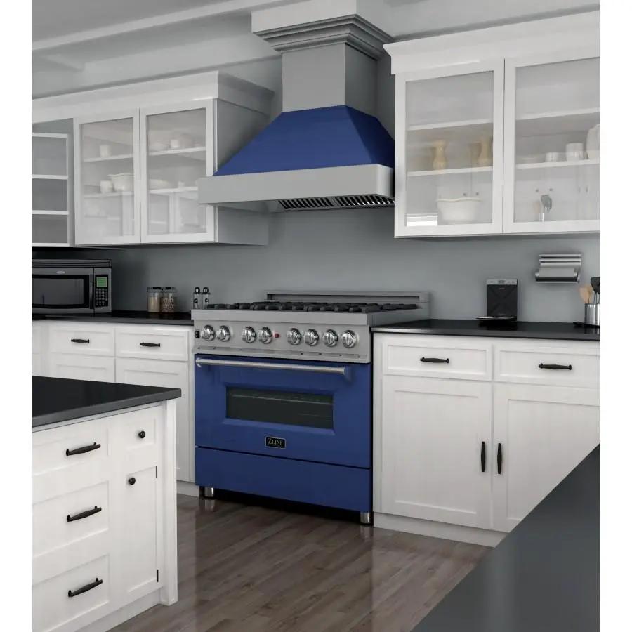 ZLINE 36" Professional Dual Fuel Range in Snow Stainless, Blue Gloss Door, RAS-BG-36 by Farmhouse Kitchen and Bath
