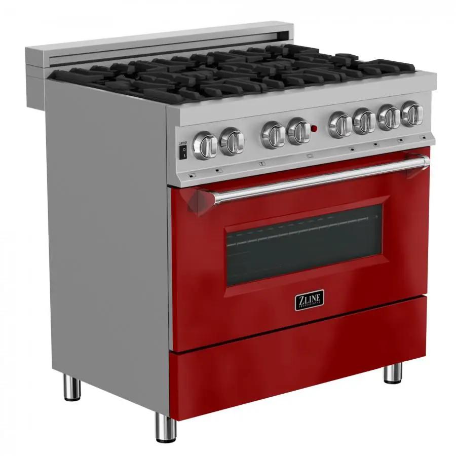 ZLINE 36" Professional Dual Fuel Range in Snow Stainless with Red Gloss Door, RAS-RG-36 by Farmhouse Kitchen and Bath