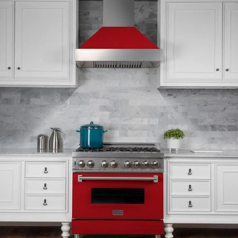 ZLINE 36" Professional Dual Fuel Range in Snow Stainless with Red Gloss Door, RAS-RG-36 by Farmhouse Kitchen and Bath
