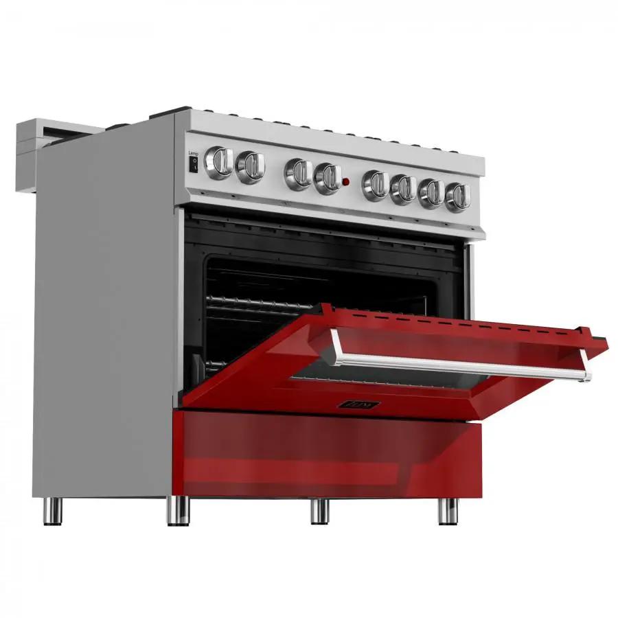 ZLINE 36" Professional Dual Fuel Range in Snow Stainless with Red Gloss Door, RAS-RG-36 by Farmhouse Kitchen and Bath