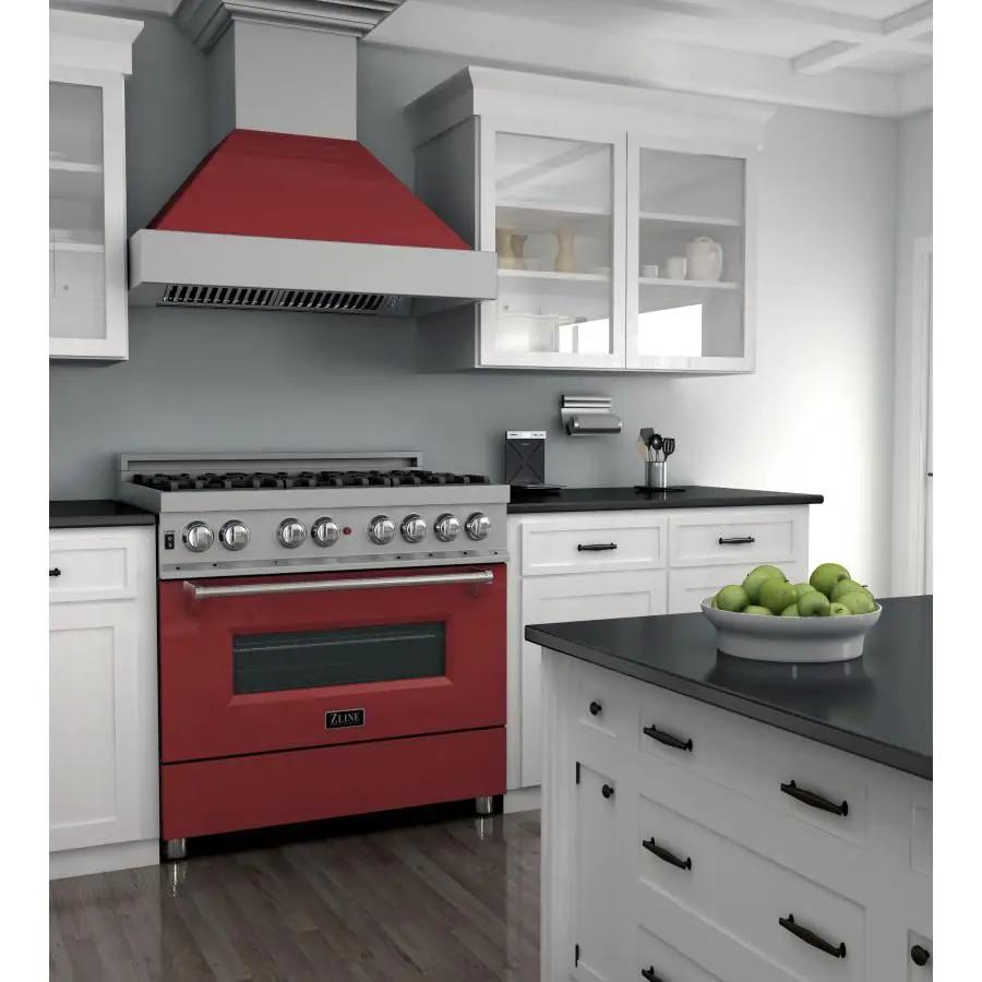 ZLINE 36" Professional Dual Fuel Range in Snow Stainless with Red Gloss Door, RAS-RG-36 by Farmhouse Kitchen and Bath