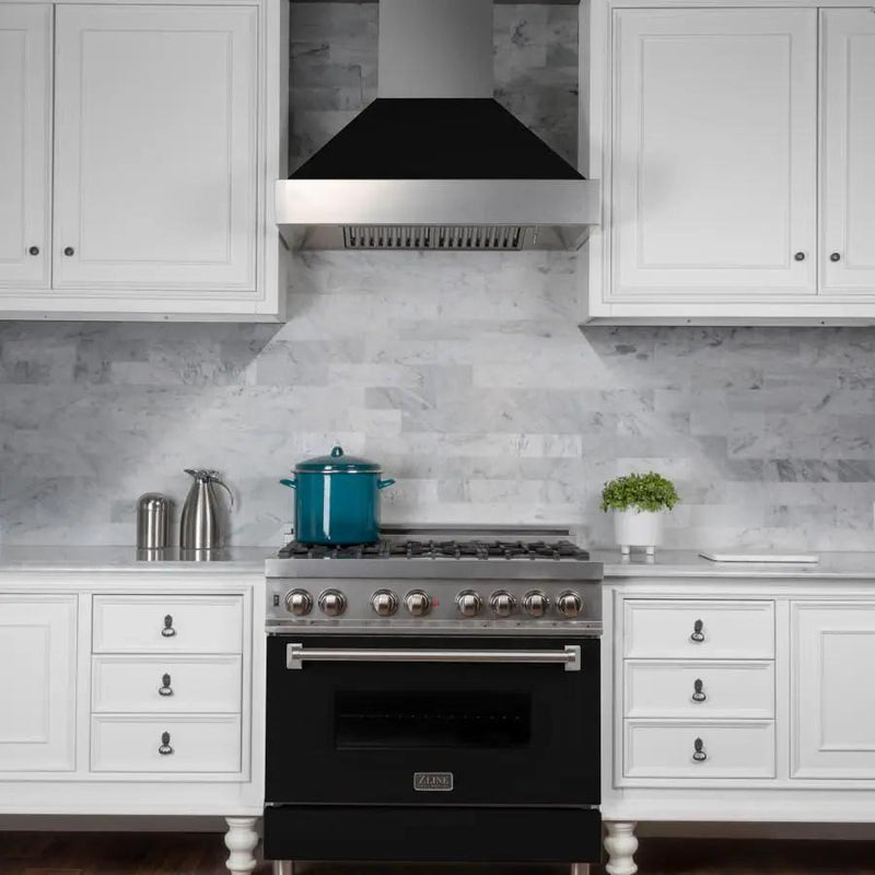 ZLINE 36" Professional Dual Fuel Range, Snow Stainless, Black Matte Door, RAS-BLM-36 by Farmhouse Kitchen and Bath