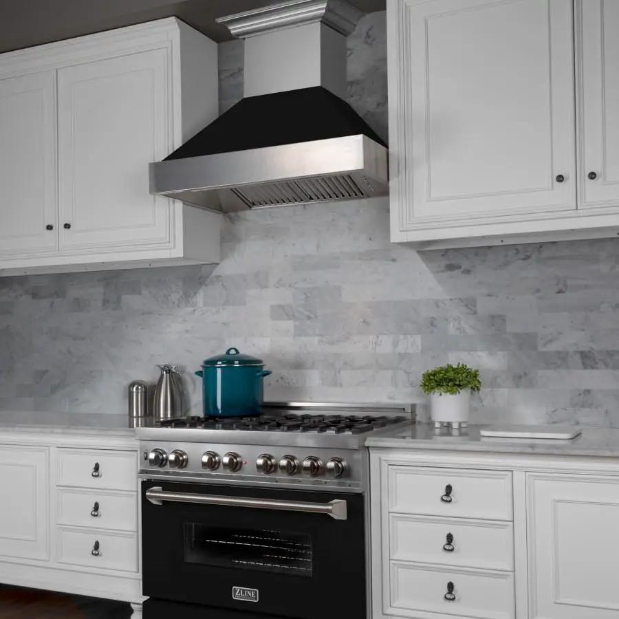 ZLINE 36" Professional Dual Fuel Range, Snow Stainless, Black Matte Door, RAS-BLM-36 by Farmhouse Kitchen and Bath