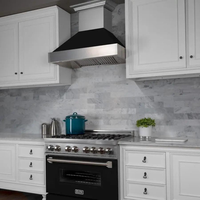 ZLINE 36" Professional Dual Fuel Range, Snow Stainless, Black Matte Door, RAS-BLM-36 by Farmhouse Kitchen and Bath