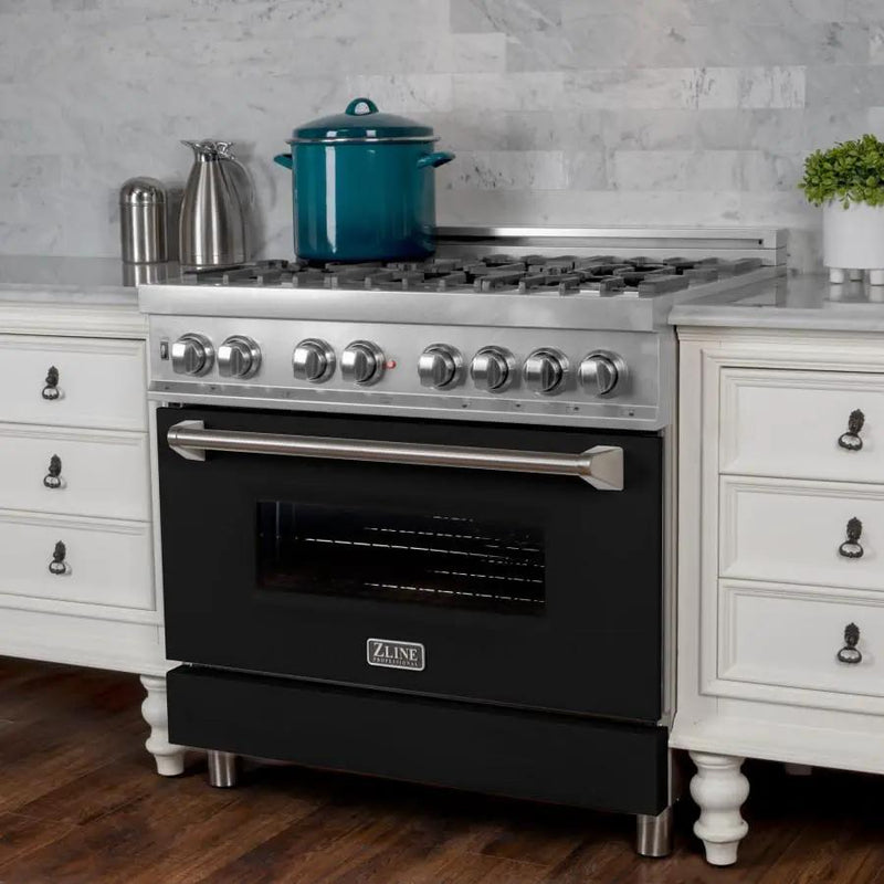 ZLINE 36" Professional Dual Fuel Range, Snow Stainless, Black Matte Door, RAS-BLM-36 by Farmhouse Kitchen and Bath