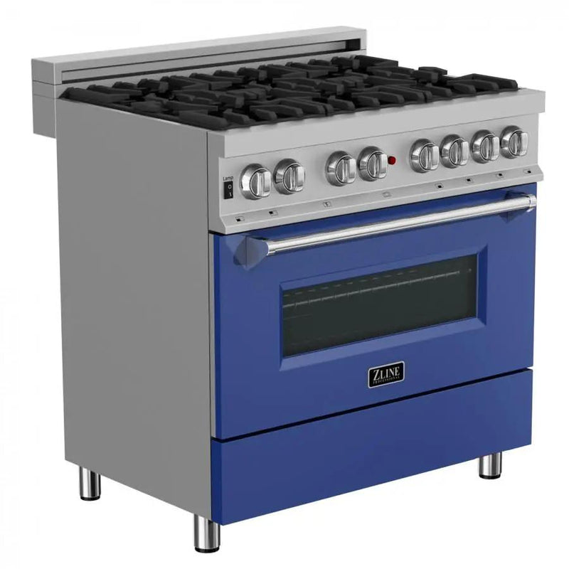 ZLINE 36" Professional Dual Fuel Range, Snow Stainless, Blue Matte Door, RAS-BM-36 by Farmhouse Kitchen and Bath