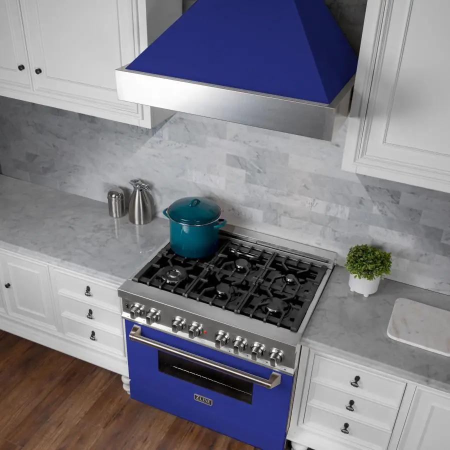 ZLINE 36" Professional Dual Fuel Range, Snow Stainless, Blue Matte Door, RAS-BM-36 by Farmhouse Kitchen and Bath