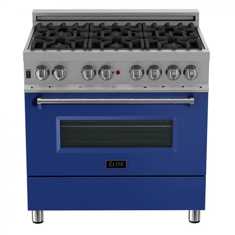 ZLINE 36" Professional Dual Fuel Range, Snow Stainless, Blue Matte Door, RAS-BM-36 by Farmhouse Kitchen and Bath