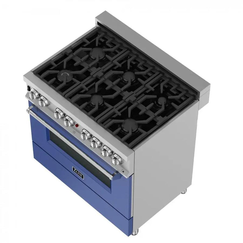 ZLINE 36" Professional Dual Fuel Range, Snow Stainless, Blue Matte Door, RAS-BM-36 by Farmhouse Kitchen and Bath