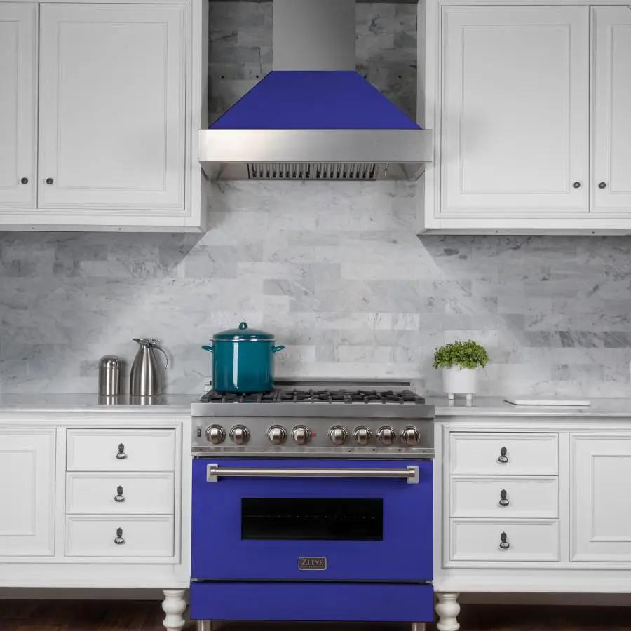 ZLINE 36" Professional Dual Fuel Range, Snow Stainless, Blue Matte Door, RAS-BM-36 by Farmhouse Kitchen and Bath