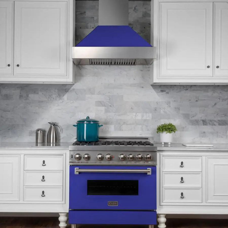 ZLINE 36" Professional Dual Fuel Range, Snow Stainless, Blue Matte Door, RAS-BM-36 by Farmhouse Kitchen and Bath