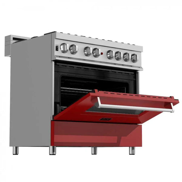 ZLINE 36" Professional Dual Fuel Range, Snow Stainless, Red Matte Door, RAS-RM-36, photo 2 of 10