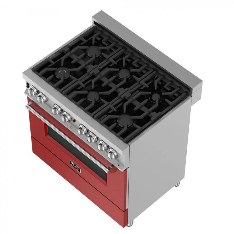 ZLINE 36" Professional Dual Fuel Range, Snow Stainless, Red Matte Door, RAS-RM-36 by Farmhouse Kitchen and Bath