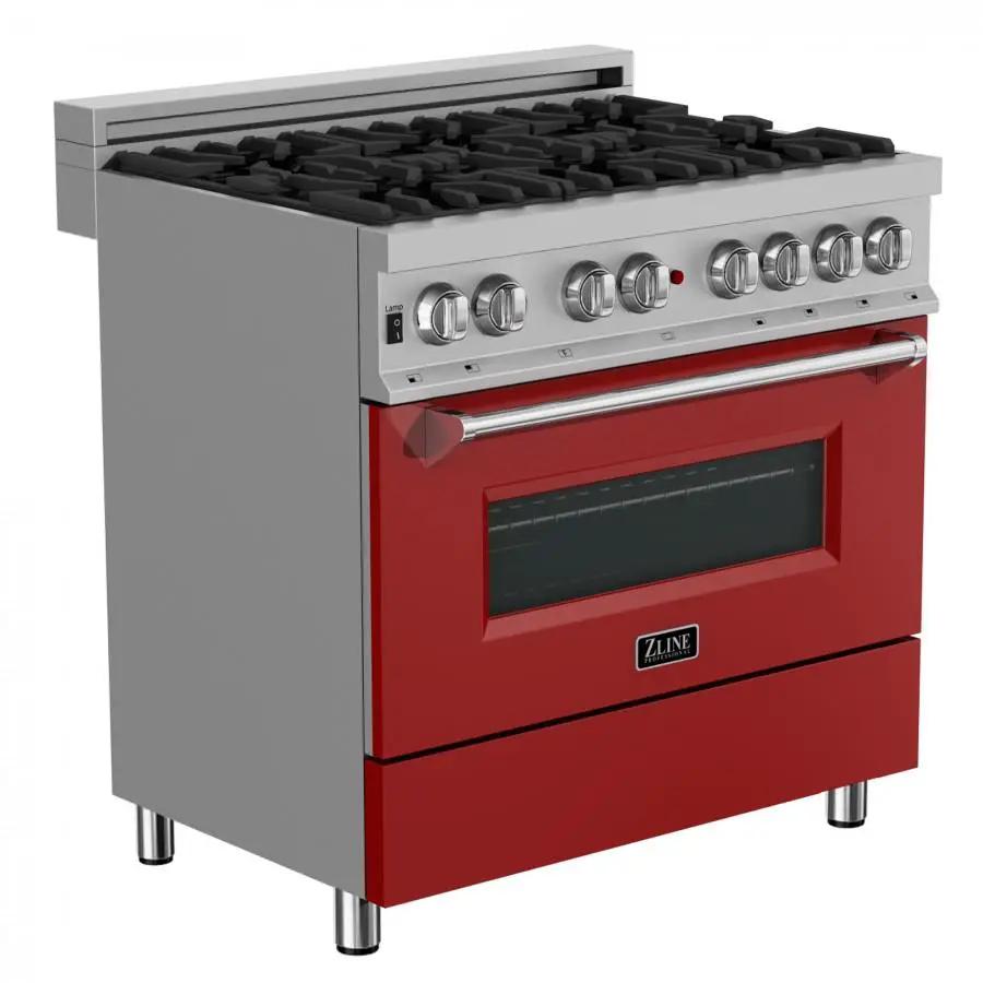 ZLINE 36" Professional Dual Fuel Range, Snow Stainless, Red Matte Door, RAS-RM-36 by Farmhouse Kitchen and Bath