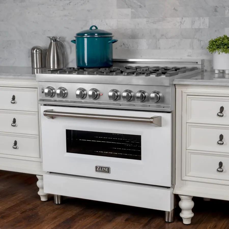 ZLINE 36" Professional Dual Fuel Range, Snow Stainless, White Matte Door, RAS-WM-36 by Farmhouse Kitchen and Bath