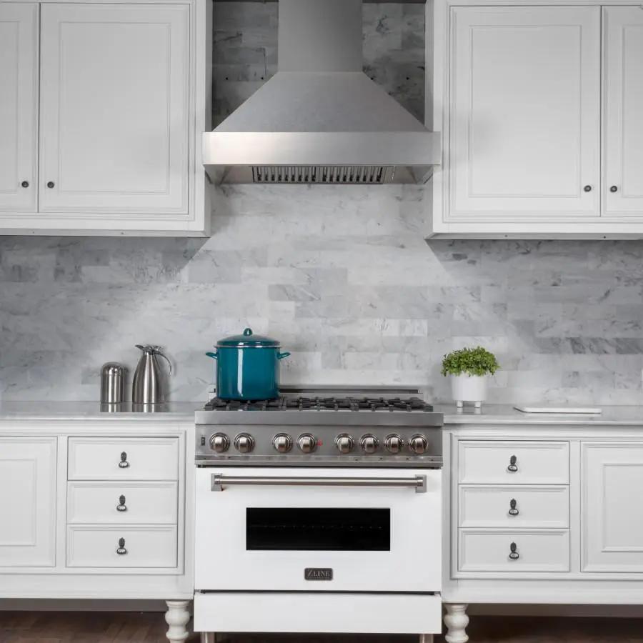 ZLINE 36" Snow Finish Stainless Range Hood with Snow Finish Shell, 8654SN-36 by Farmhouse Kitchen and Bath