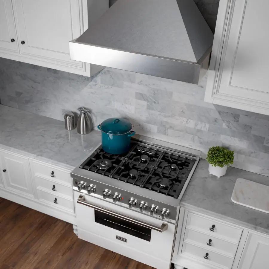 ZLINE 36" Snow Finish Stainless Range Hood with Snow Finish Shell, 8654SN-36 by Farmhouse Kitchen and Bath