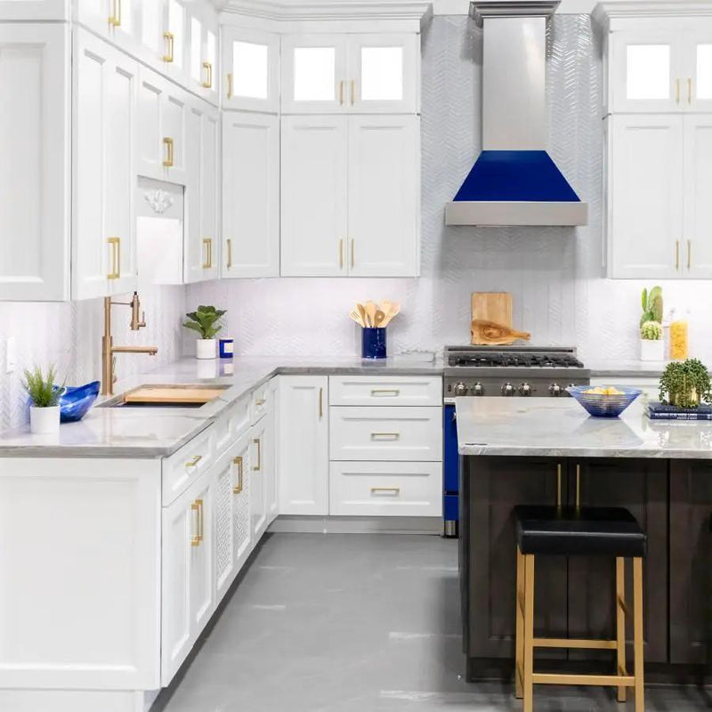 ZLINE 36" Snow Finish Wall Range Hood, Blue Gloss Shell, 8654BG-36 by Farmhouse Kitchen and Bath