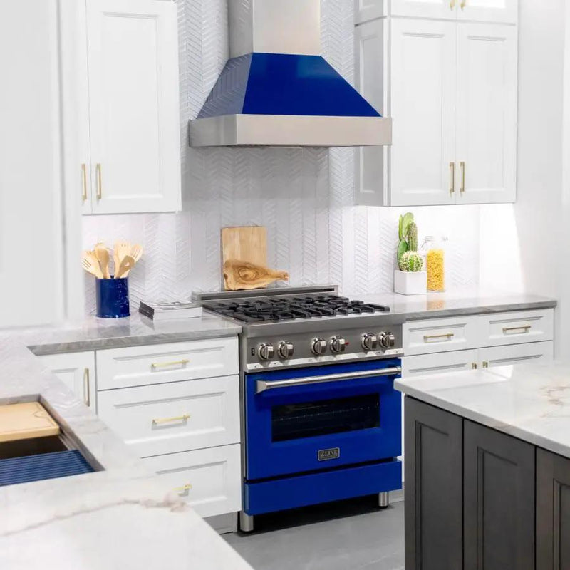 ZLINE 36" Snow Finish Wall Range Hood, Blue Gloss Shell, 8654BG-36 by Farmhouse Kitchen and Bath