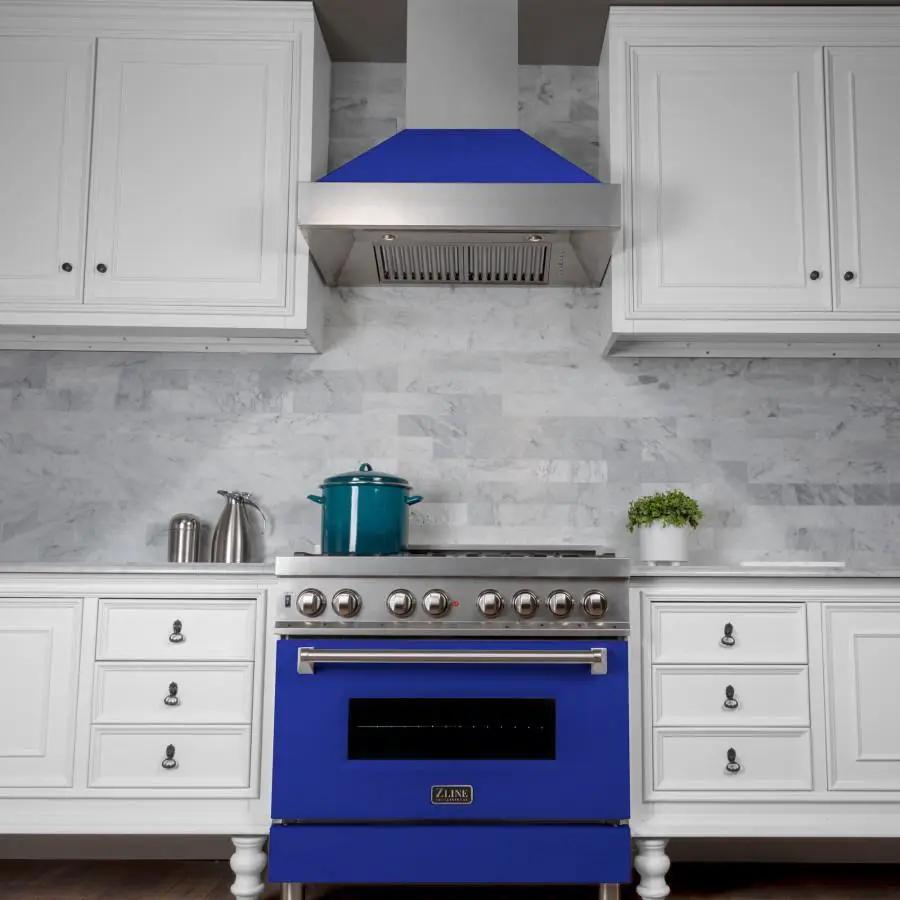 ZLINE 36" Snow Finish Wall Range Hood, Blue Matte Shell, 8654BM-36 by Farmhouse Kitchen and Bath
