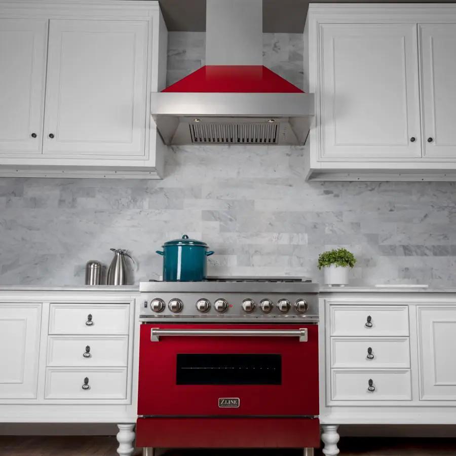 ZLINE 36" Snow Finish Wall Range Hood, Red Gloss Shell, 8654RG-36 by Farmhouse Kitchen and Bath