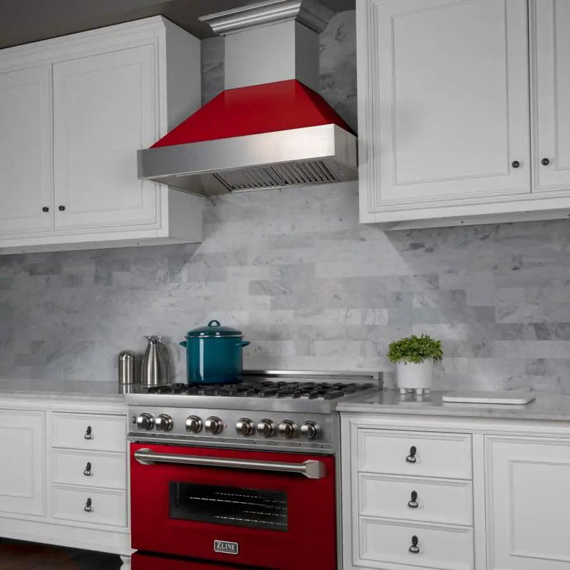 ZLINE 36" Snow Finish Wall Range Hood, Red Gloss Shell, 8654RG-36 by Farmhouse Kitchen and Bath