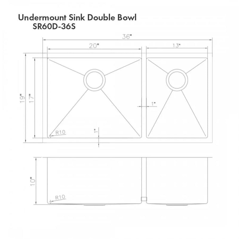ZLINE 36" Undermount Double Bowl Sink Stainless Steel, SR60D-36S by Farmhouse Kitchen and Bath