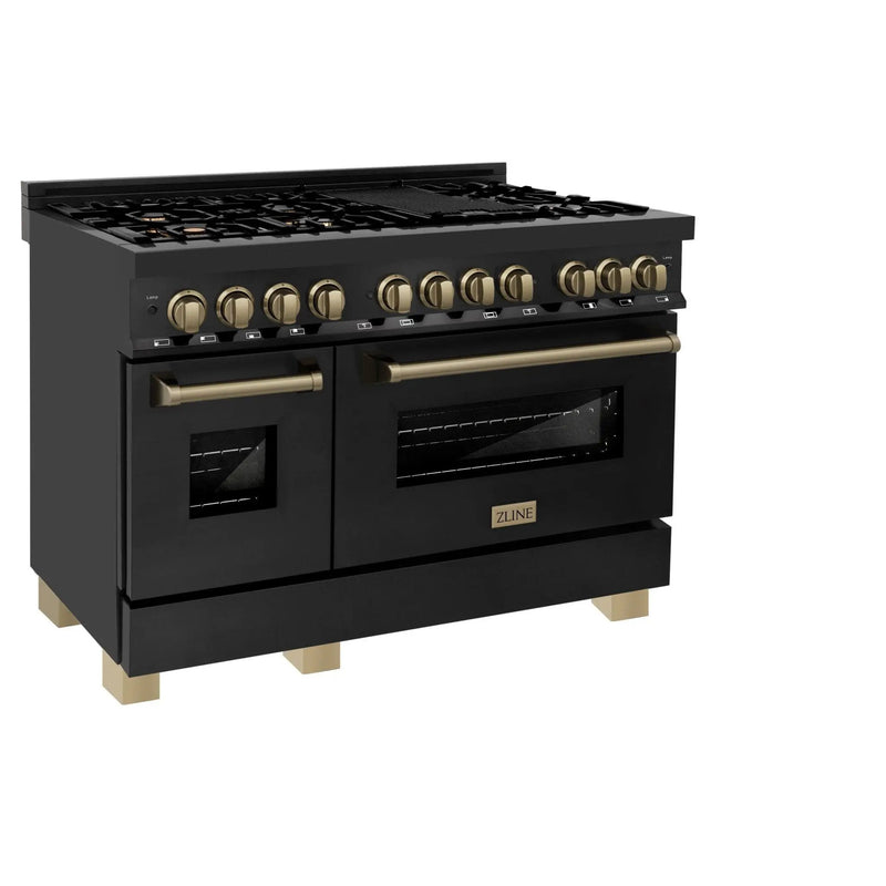 ZLINE 48" Autograph Dual Fuel Range, Black Stainless, Bronze RABZ-48-CB by Farmhouse Kitchen and Bath