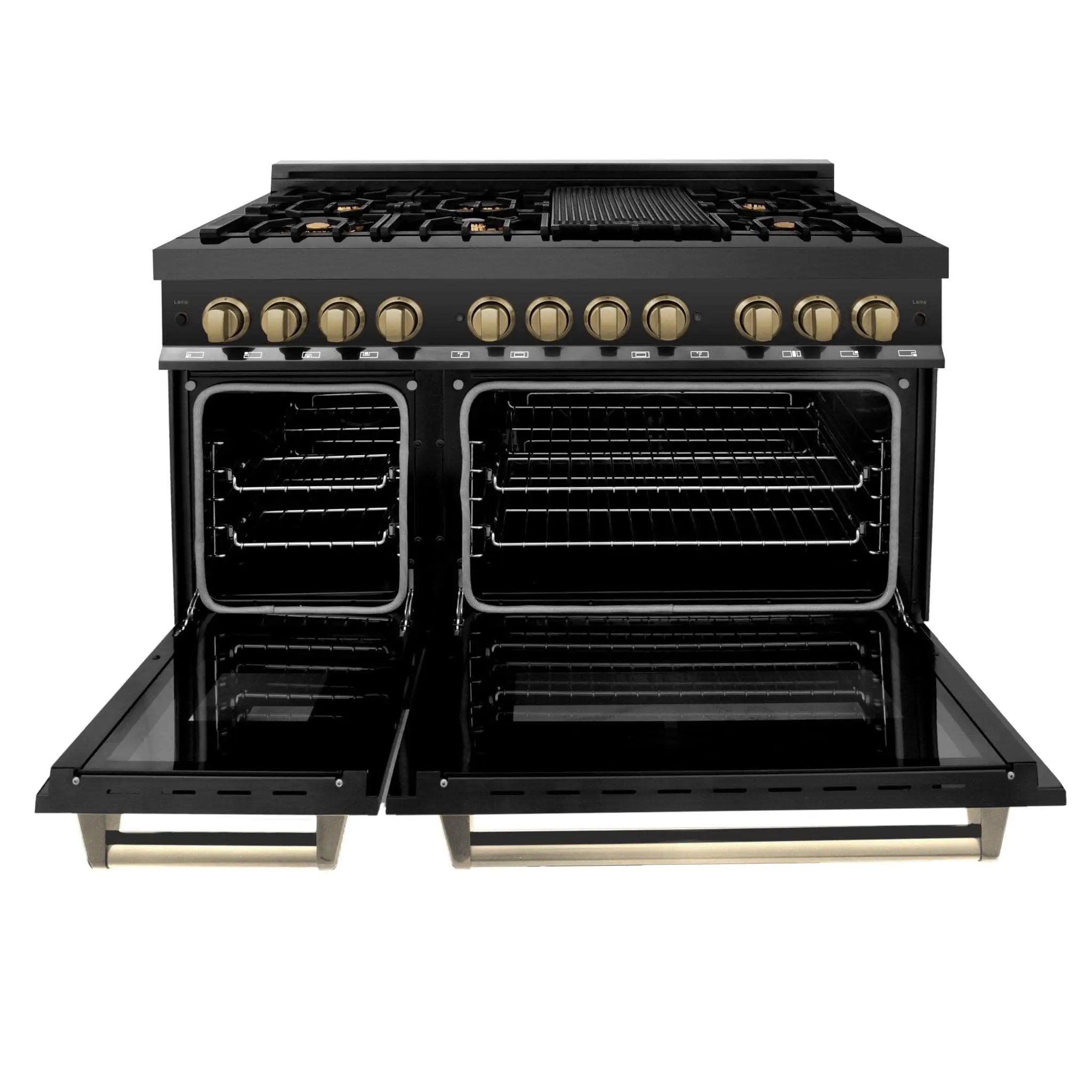 ZLINE 48" Autograph Dual Fuel Range, Black Stainless, Bronze RABZ-48-CB by Farmhouse Kitchen and Bath