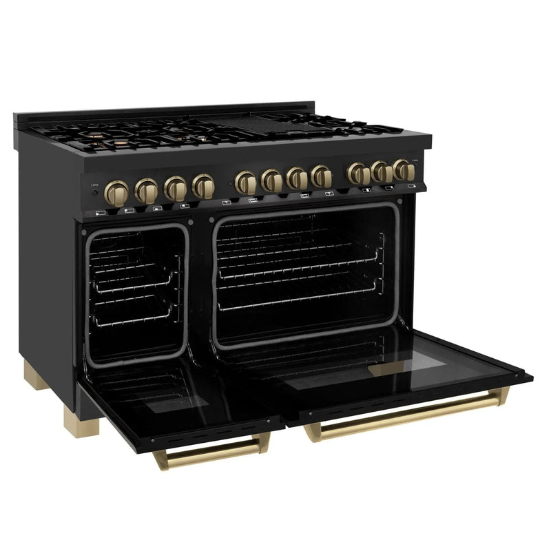 ZLINE 48" Autograph Dual Fuel Range, Black Stainless, Bronze RABZ-48-CB by Farmhouse Kitchen and Bath