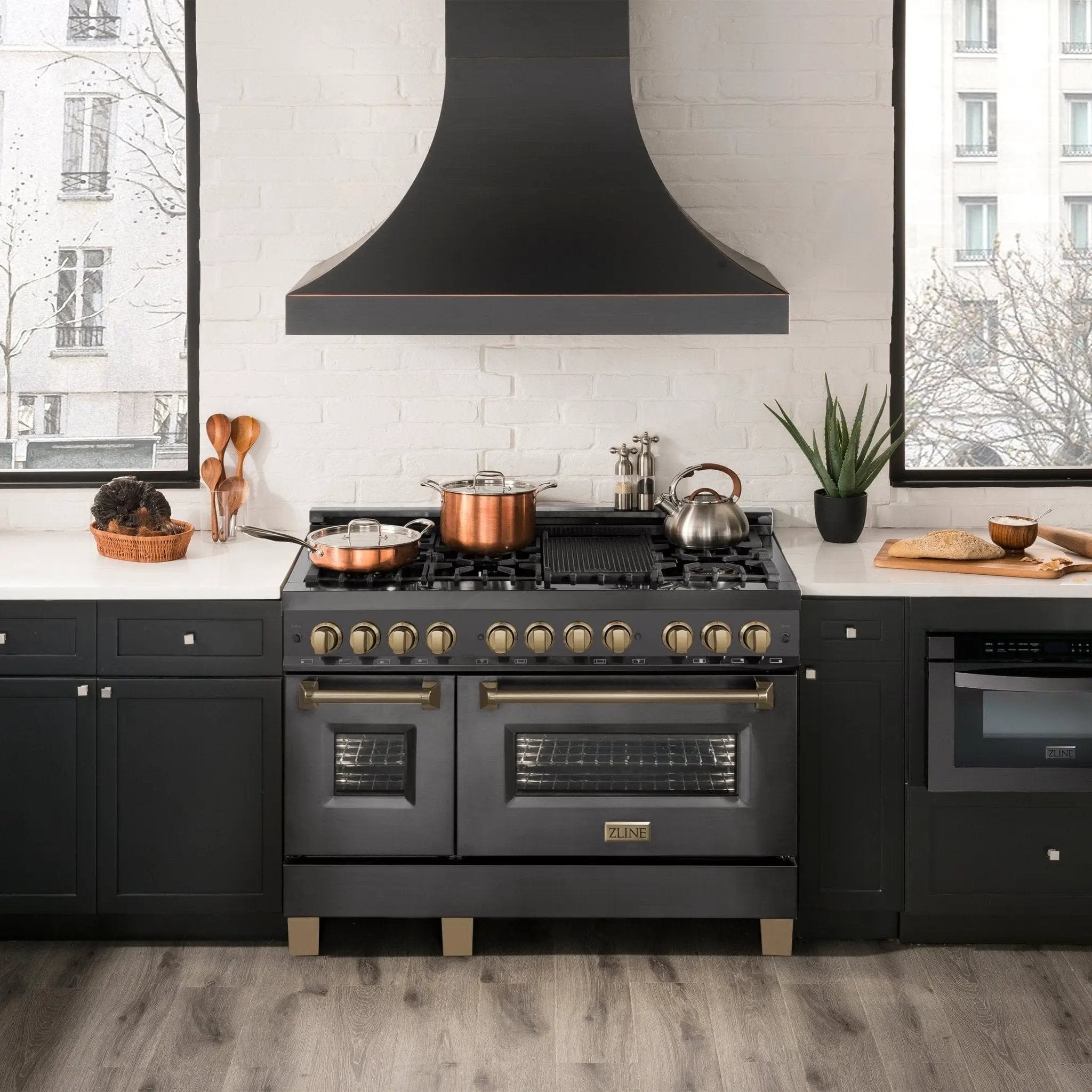 ZLINE 48" Autograph Dual Fuel Range, Black Stainless, Bronze RABZ-48-CB by Farmhouse Kitchen and Bath