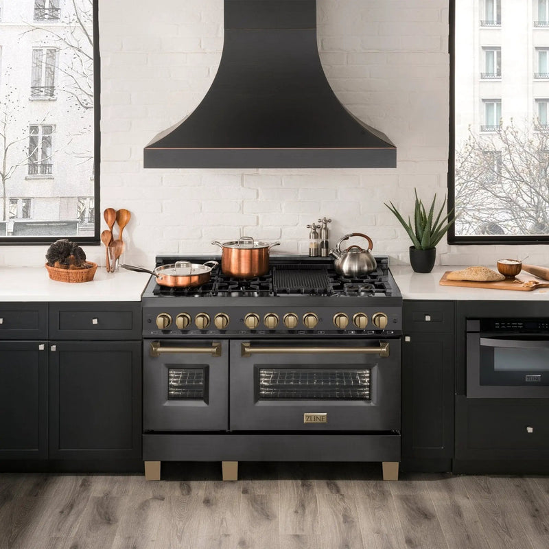 ZLINE 48" Autograph Dual Fuel Range, Black Stainless, Bronze RABZ-48-CB by Farmhouse Kitchen and Bath