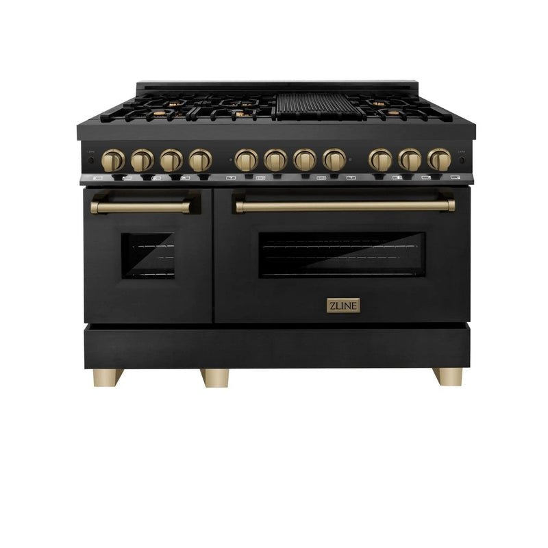 ZLINE 48" Autograph Dual Fuel Range, Black Stainless, Bronze RABZ-48-CB by Farmhouse Kitchen and Bath
