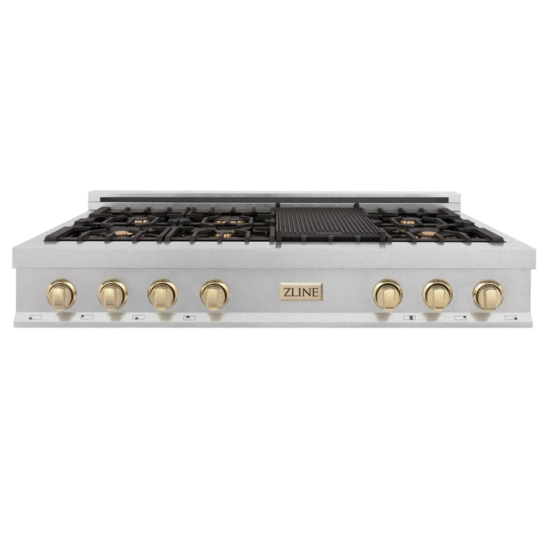 ZLINE 48" Autograph Edition, Rangetop, DuraSnow, Gold Accent, RTSZ-48-G by Farmhouse Kitchen and Bath