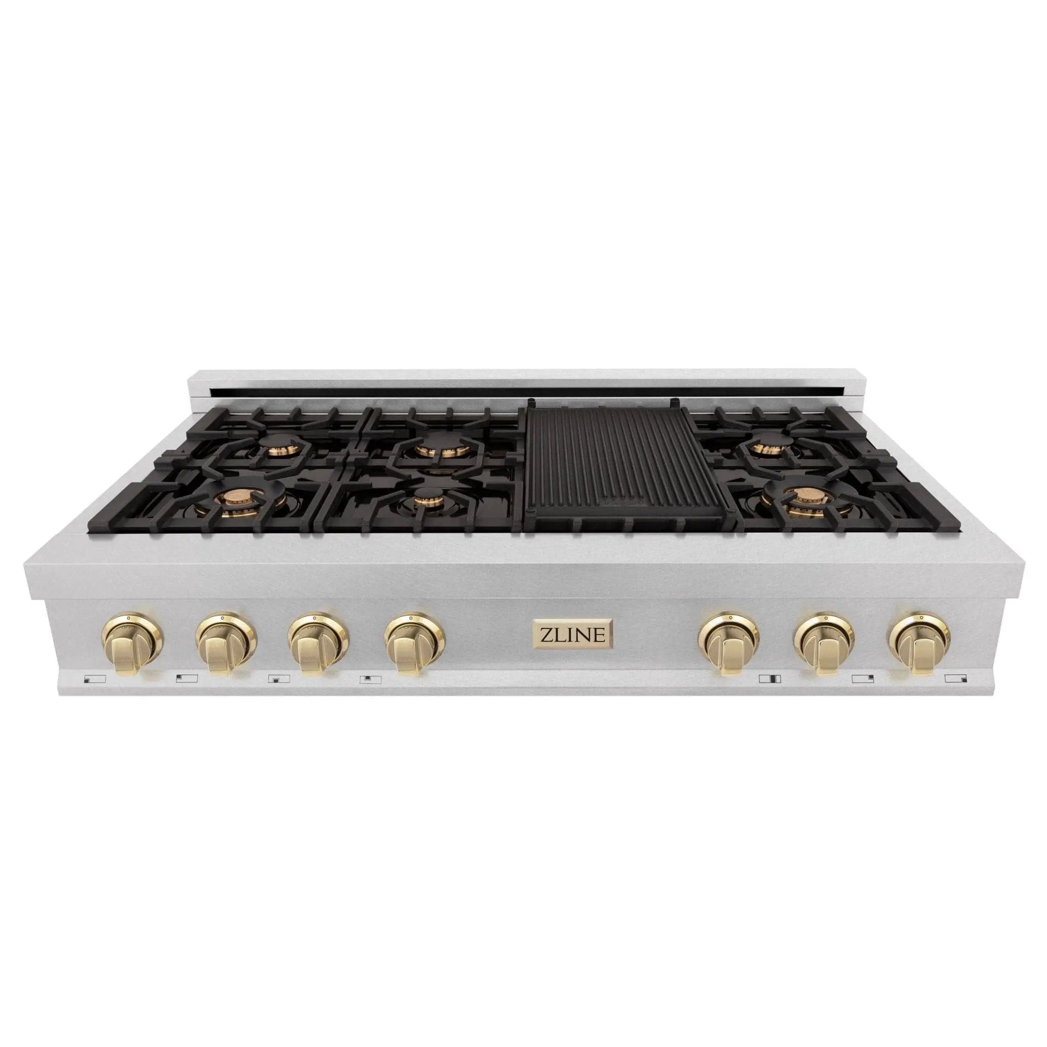 ZLINE 48" Autograph Edition, Rangetop, DuraSnow, Gold Accent, RTSZ-48-G by Farmhouse Kitchen and Bath