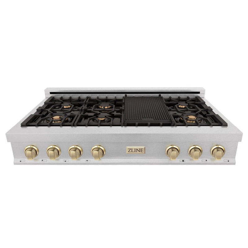 ZLINE 48" Autograph Edition, Rangetop, DuraSnow, Gold Accent, RTSZ-48-G by Farmhouse Kitchen and Bath